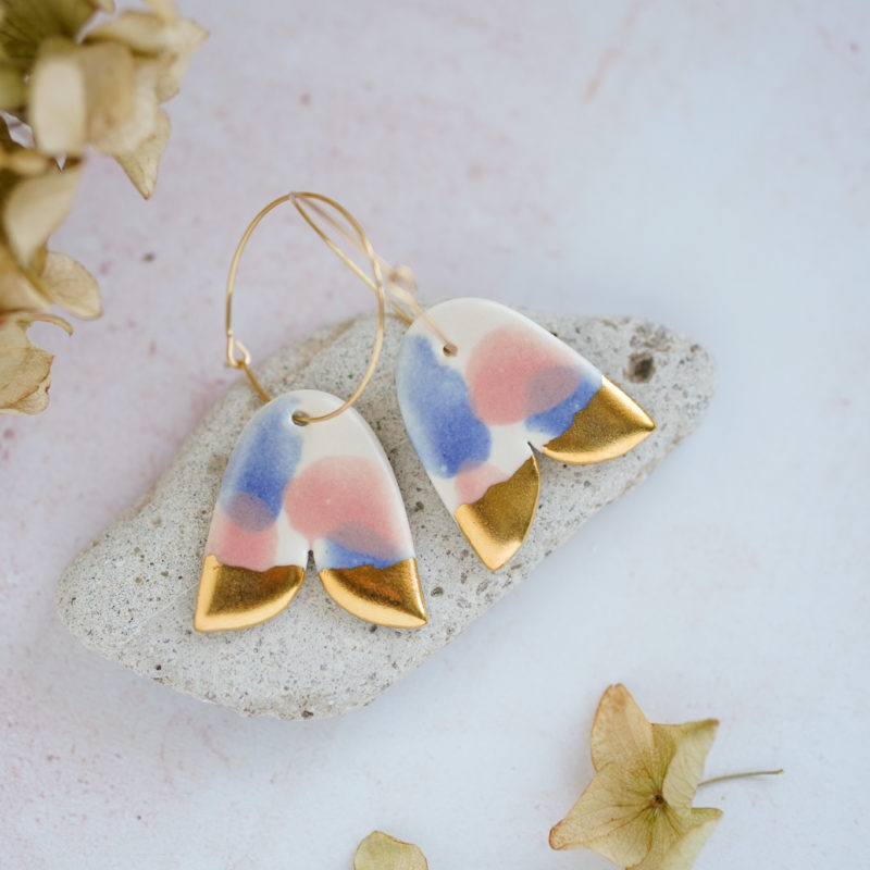 Flower Bell Earrings with Celestial Blue&Coral spots